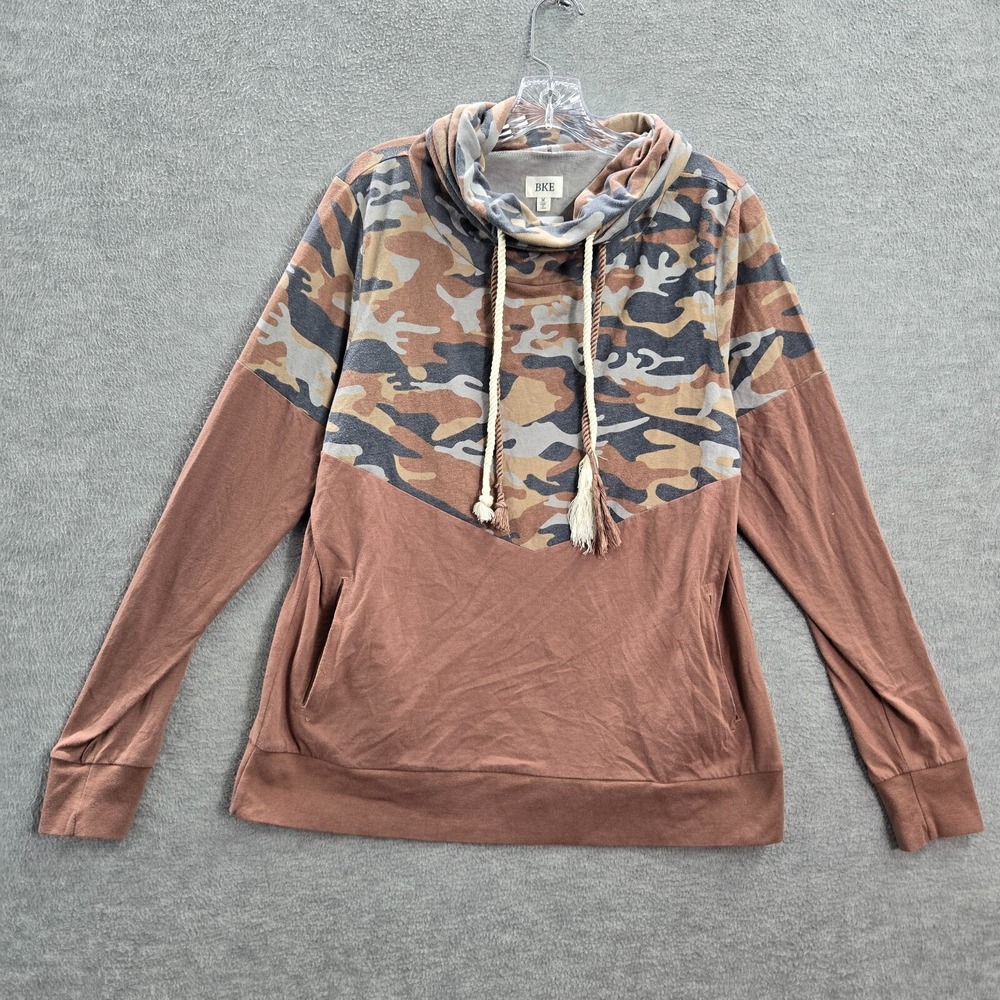 BKE‎ Women Sweatshirt Medium Brown Pieced Camo Colorblock Hoodie Tunic